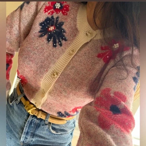 Nicole Miller cardigan sweater pearl floral topper jacket Spring small - Picture 8 of 8